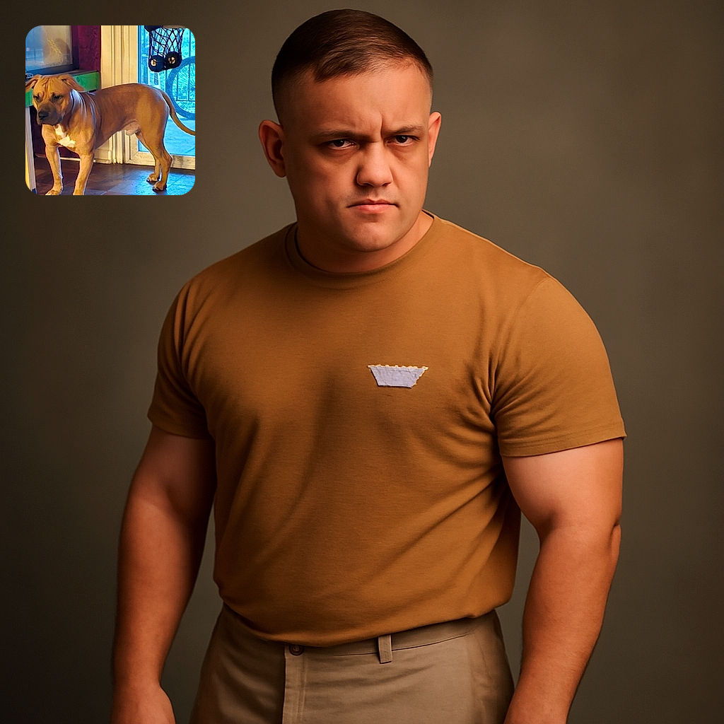 A sturdy, light brown dog with a white chest patch stands indoors on a wooden floor, looking slightly pensive. Behind it, a small basketball hoop hangs on a door with a bicycle visible outside through the glass.