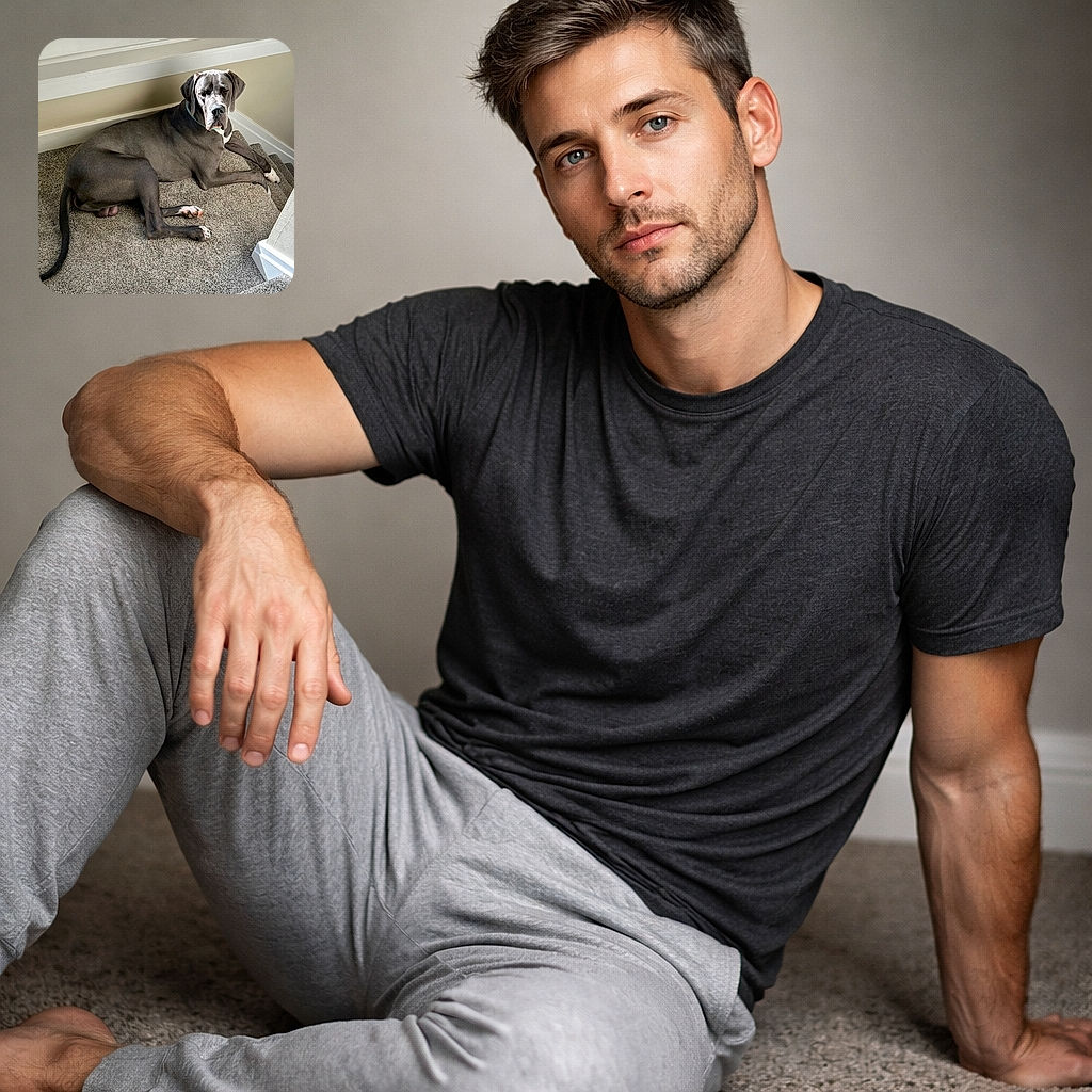 A large gray dog with a white patch on its chest is lounging comfortably on carpeted stairs, looking relaxed with one eye slightly closed as if caught mid-blink or mid-wink.