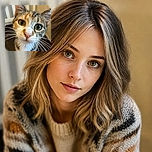 A wide-eyed calico cat leans dramatically into the camera, looking like it has just discovered the secret of the universe—or an especially interesting snack. Its giant whiskers and curious expression steal the show against the softly blurred indoor background.