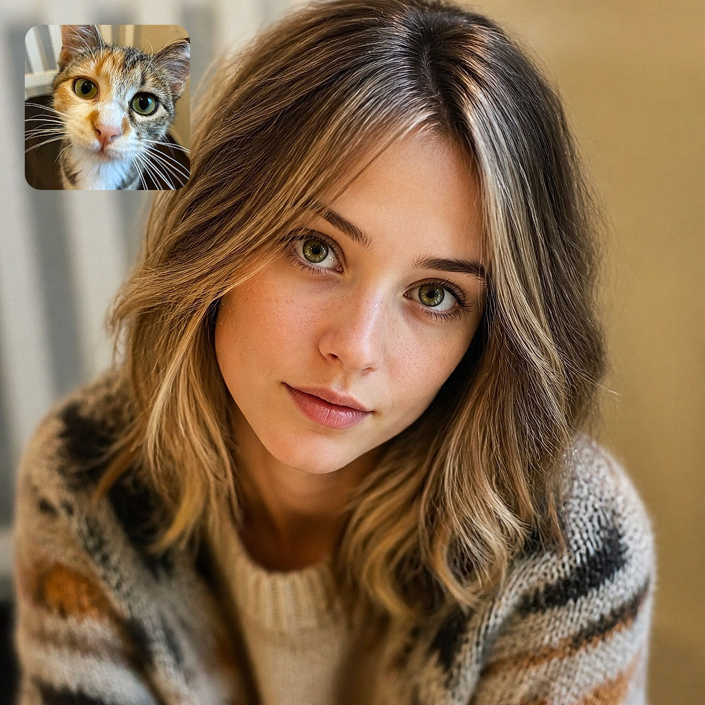 A wide-eyed calico cat leans dramatically into the camera, looking like it has just discovered the secret of the universe—or an especially interesting snack. Its giant whiskers and curious expression steal the show against the softly blurred indoor background.