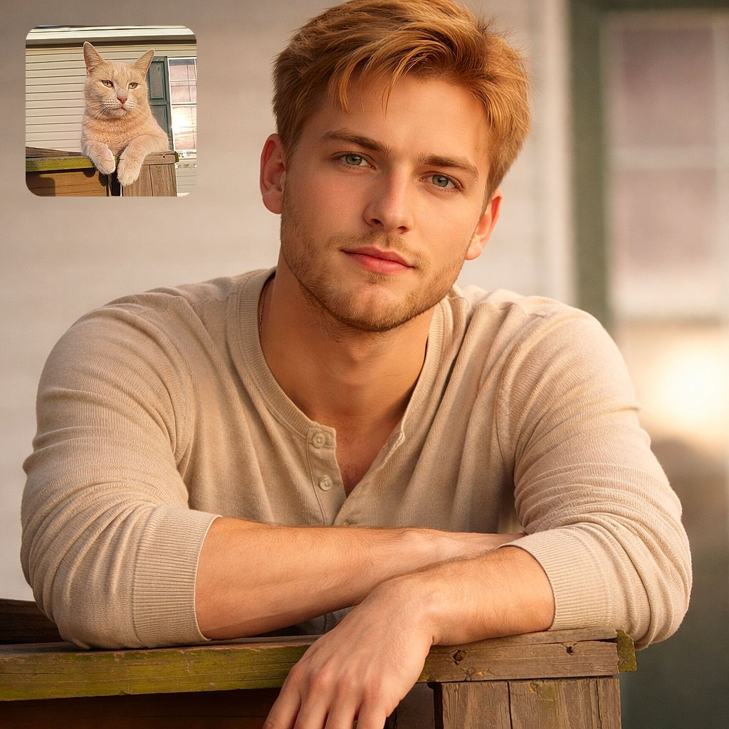 A dignified orange cat lounges on a weathered wooden railing like a tiny lord surveying his suburban kingdom — sunlight catching his whiskers and green eyes while vinyl siding and a window form his throne room.