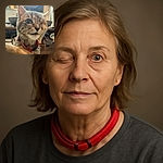 A close-up photo of a one-eyed cat wearing a red collar, looking curiously at the camera with a softly lit indoor background featuring household items and furniture.