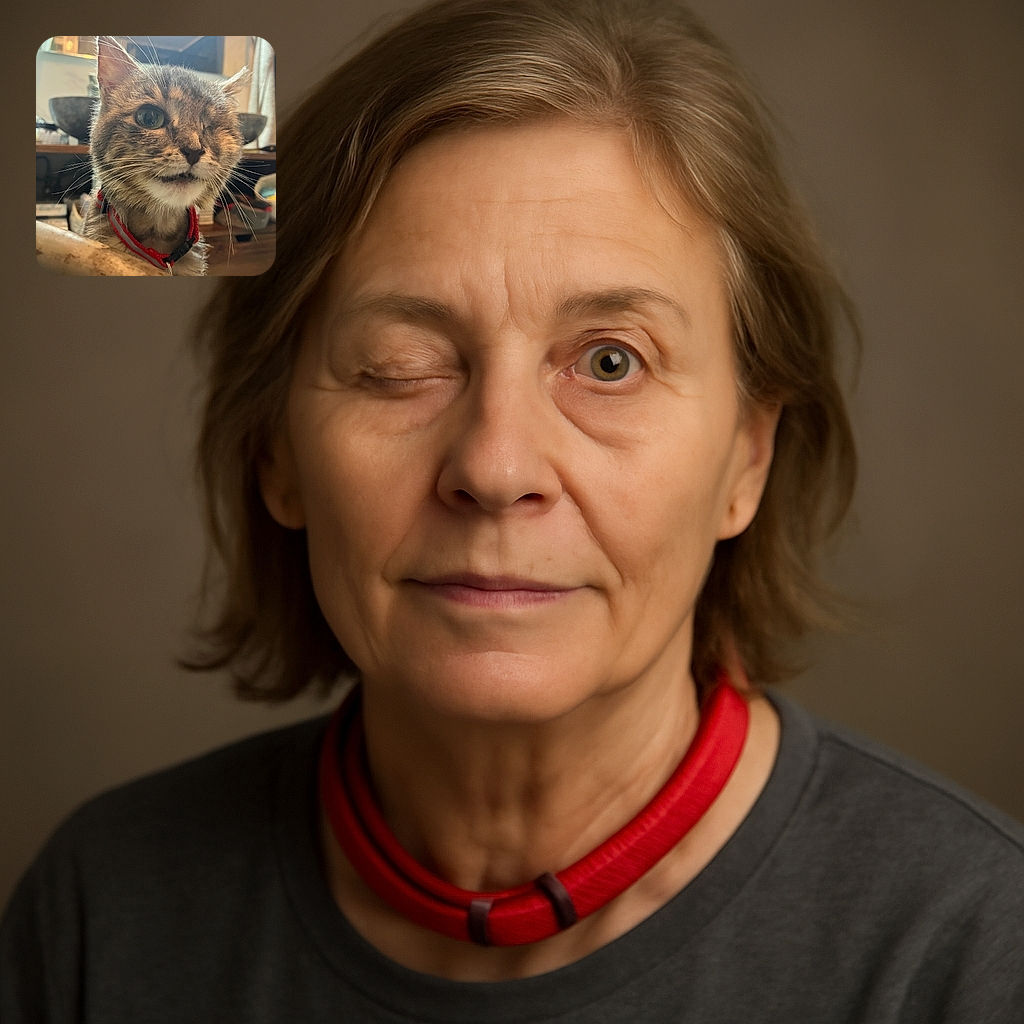 A close-up photo of a one-eyed cat wearing a red collar, looking curiously at the camera with a softly lit indoor background featuring household items and furniture.