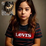 A cute small dog with fluffy fur and big expressive eyes looks up adorably while sitting on a soft gray rug, next to a well-worn Levi's slipper and a person's toe peeking in from the corner.