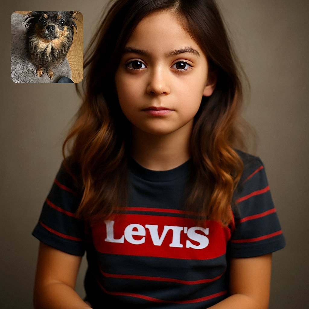 A cute small dog with fluffy fur and big expressive eyes looks up adorably while sitting on a soft gray rug, next to a well-worn Levi's slipper and a person's toe peeking in from the corner.
