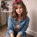 A shaggy little pup in a denim jacket and an unapologetically large pink bow gives the camera a soulful side-eye from the bottom of the stairs — clearly auditioning for "Most Photogenic Roommate." A sneaker, a leash, and suspiciously cute fur complete the scene.