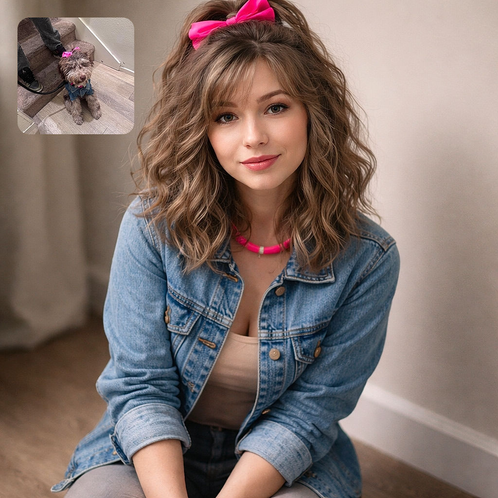 A shaggy little pup in a denim jacket and an unapologetically large pink bow gives the camera a soulful side-eye from the bottom of the stairs — clearly auditioning for "Most Photogenic Roommate." A sneaker, a leash, and suspiciously cute fur complete the scene.