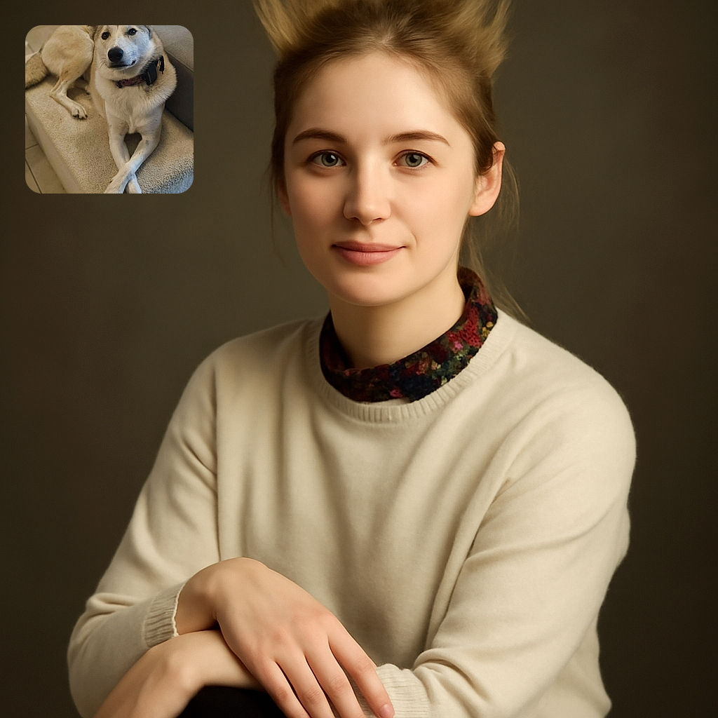 A charming dog lounges elegantly on a soft beige couch, with its front legs crossed like a sophisticated canine aristocrat, giving off major chill vibes in a cozy indoor setting.