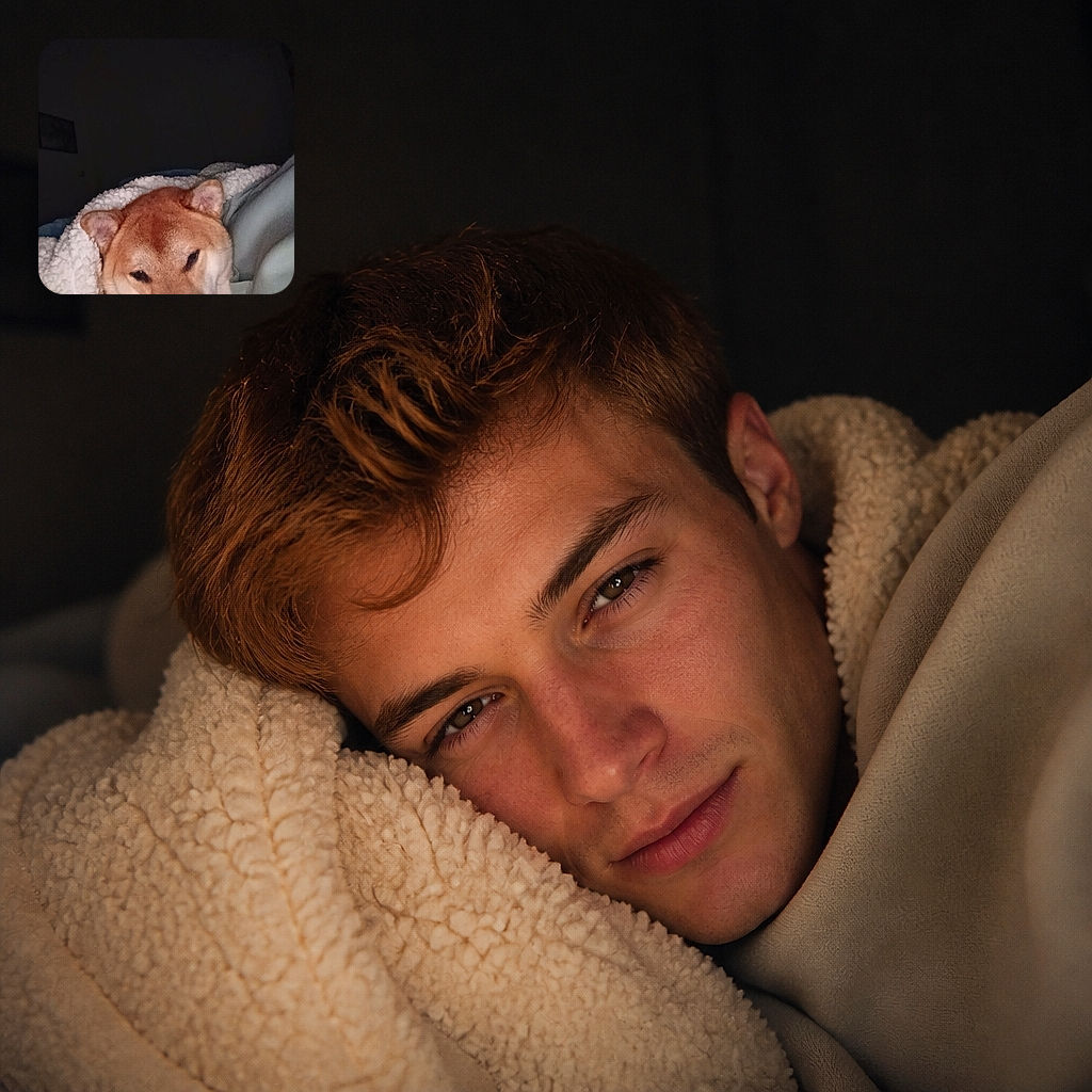 A sleepy red-and-white dog is tucked under a fluffy blanket, peeking out like a cozy little fox who has been caught mid-dream. The dim bedroom setting and snug bedding make this a wonderfully warm and drowsy portrait.