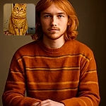 A fluffy orange tabby cat sits upright on a surface, looking directly at the camera with wide curious eyes. The background shows a cozy indoor setting with a blanket and some household items, giving a warm and homely vibe.