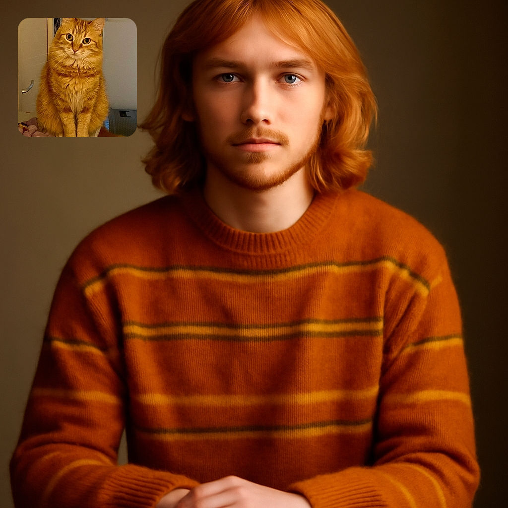 A fluffy orange tabby cat sits upright on a surface, looking directly at the camera with wide curious eyes. The background shows a cozy indoor setting with a blanket and some household items, giving a warm and homely vibe.