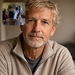 A close-up photo of a golden retriever indoors, with soft lighting highlighting its curly fur and soulful eyes. The background shows a cozy room with furniture and a framed picture on the wall.