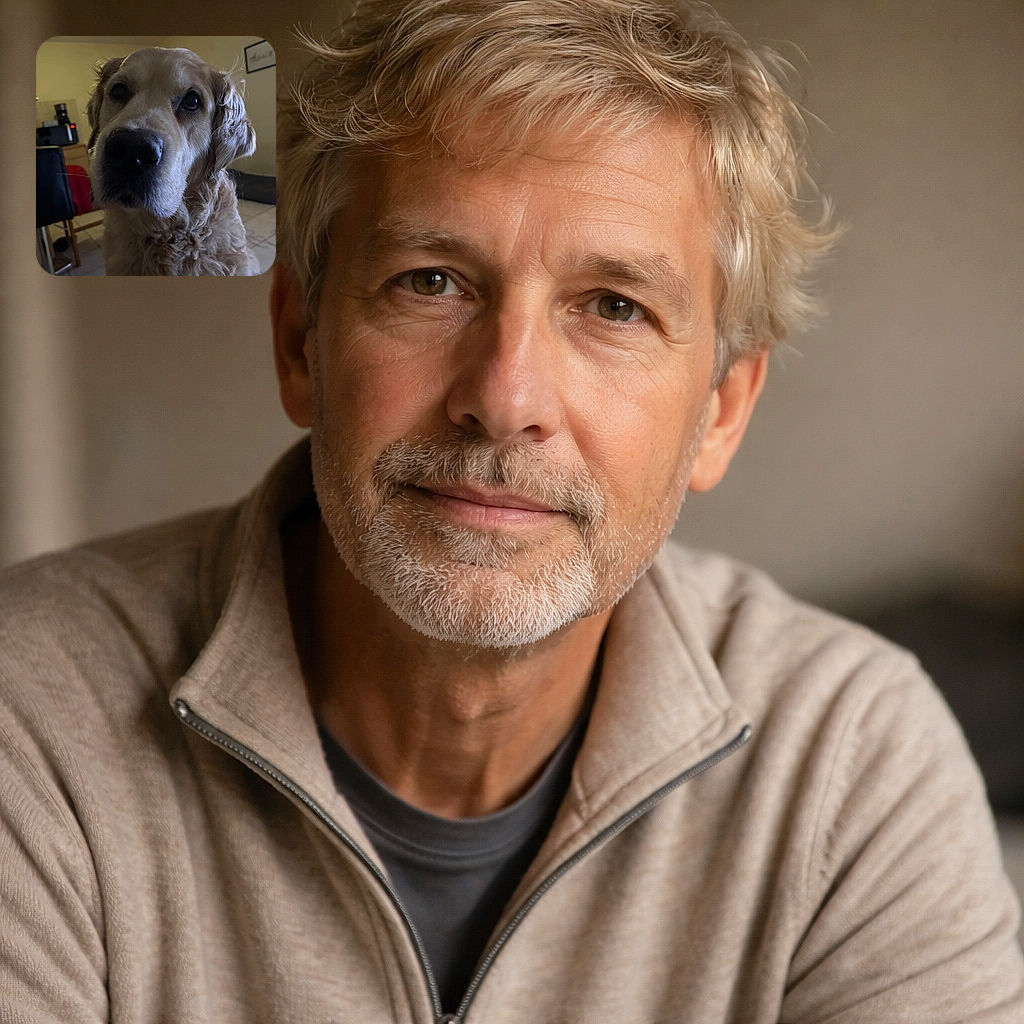 A close-up photo of a golden retriever indoors, with soft lighting highlighting its curly fur and soulful eyes. The background shows a cozy room with furniture and a framed picture on the wall.