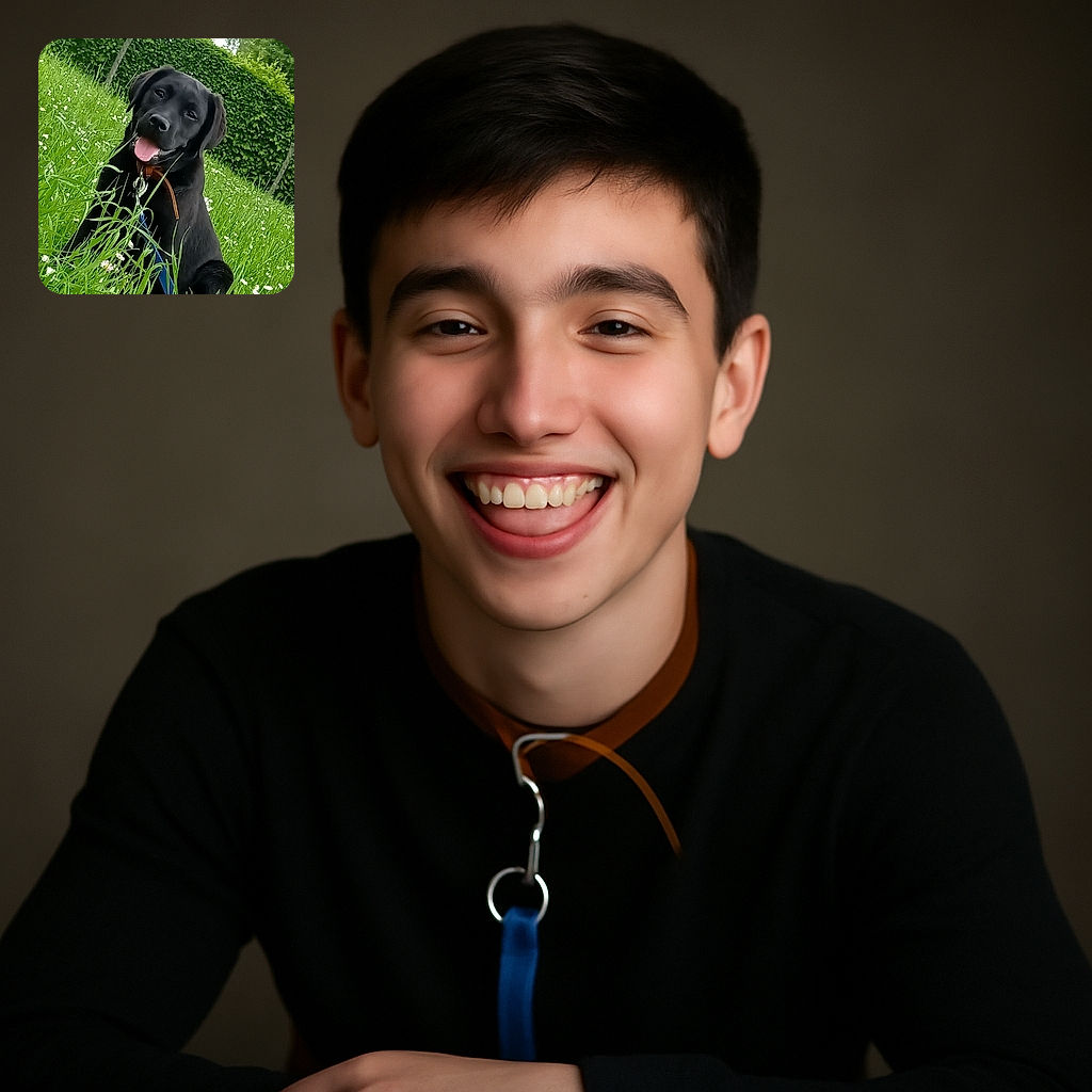 A happy black dog with a shiny coat sits in a lush green field of tall grass and small white flowers, tongue out and leash visible, with a dense green hedge and trees in the background under a bright sky.