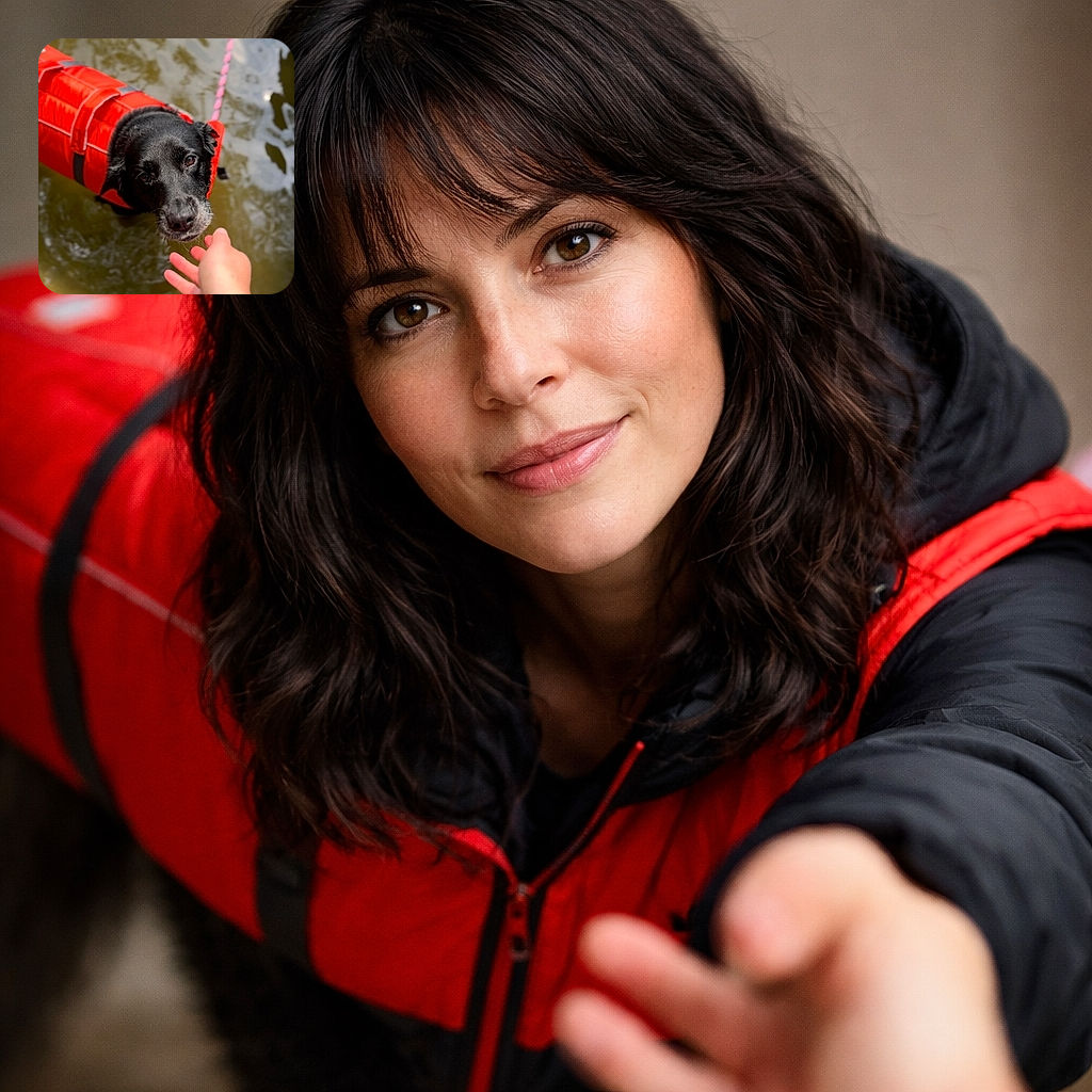 A wet black dog wearing a bright red life jacket looks up with soulful eyes while reaching out to a human hand over murky water, capturing a moment of trust and companionship.