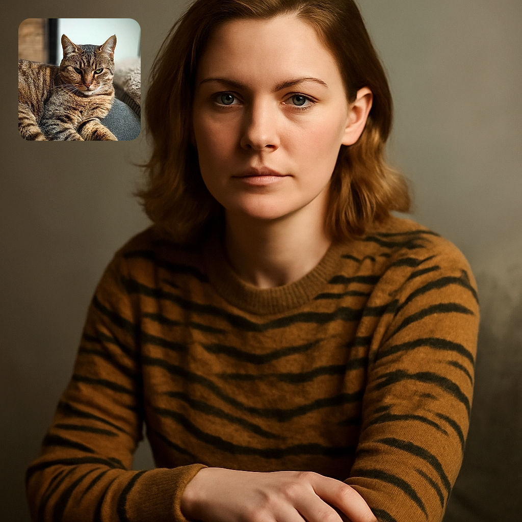 A majestic tabby cat lounges comfortably, eyes half-closed in a mix of suspicion and contentment, with its striped fur beautifully detailed against a softly blurred background.