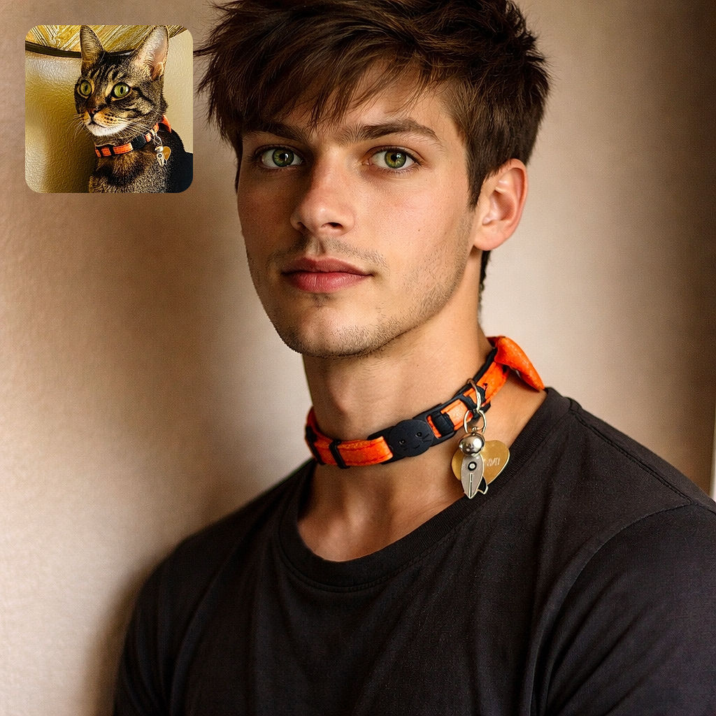 A regal tabby caught mid-think with giant green saucer-eyes and a tiny bell that screams "I own this couch." Warm indoor light sculpts the stripes, a decorative wooden piece crowns the head, and the orange collar adds a touch of bling — serious business, minor mischief.