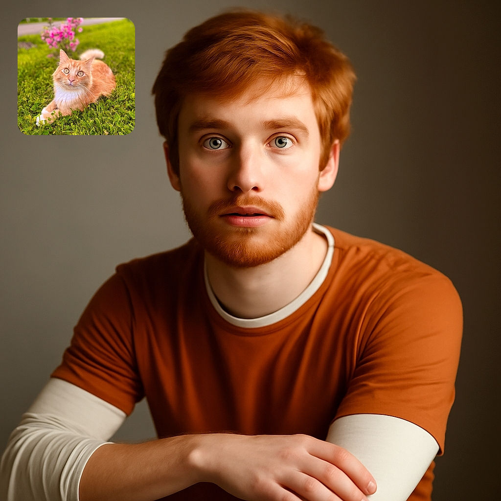 A fluffy orange and white cat lounges gracefully on a lush green lawn, with a soft-focus background featuring vibrant pink flowers and a path, capturing a serene and charming outdoor moment.