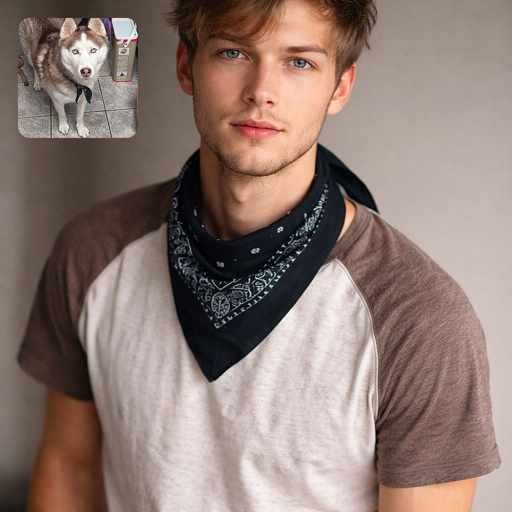 A striking blue-eyed husky stares straight at the camera wearing a jaunty bandana, standing on a marbled tiled floor amid toys and a tall container — looks like it just woke up from plotting mischief and expects breakfast ASAP.