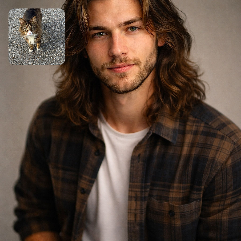 A majestic fluffy tabby cat with white paws and chest stands confidently on a textured gravel surface, looking directly up with a slightly serious expression as if ready to rule the neighborhood.