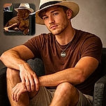 A relaxed dog lounges on a woven chair outdoors, sporting a stylish straw hat that adds a touch of casual elegance. The sunlight filters through, casting playful shadows on the dog's sleek coat, while a human arm rests nearby, hinting at a calm, sunny afternoon.