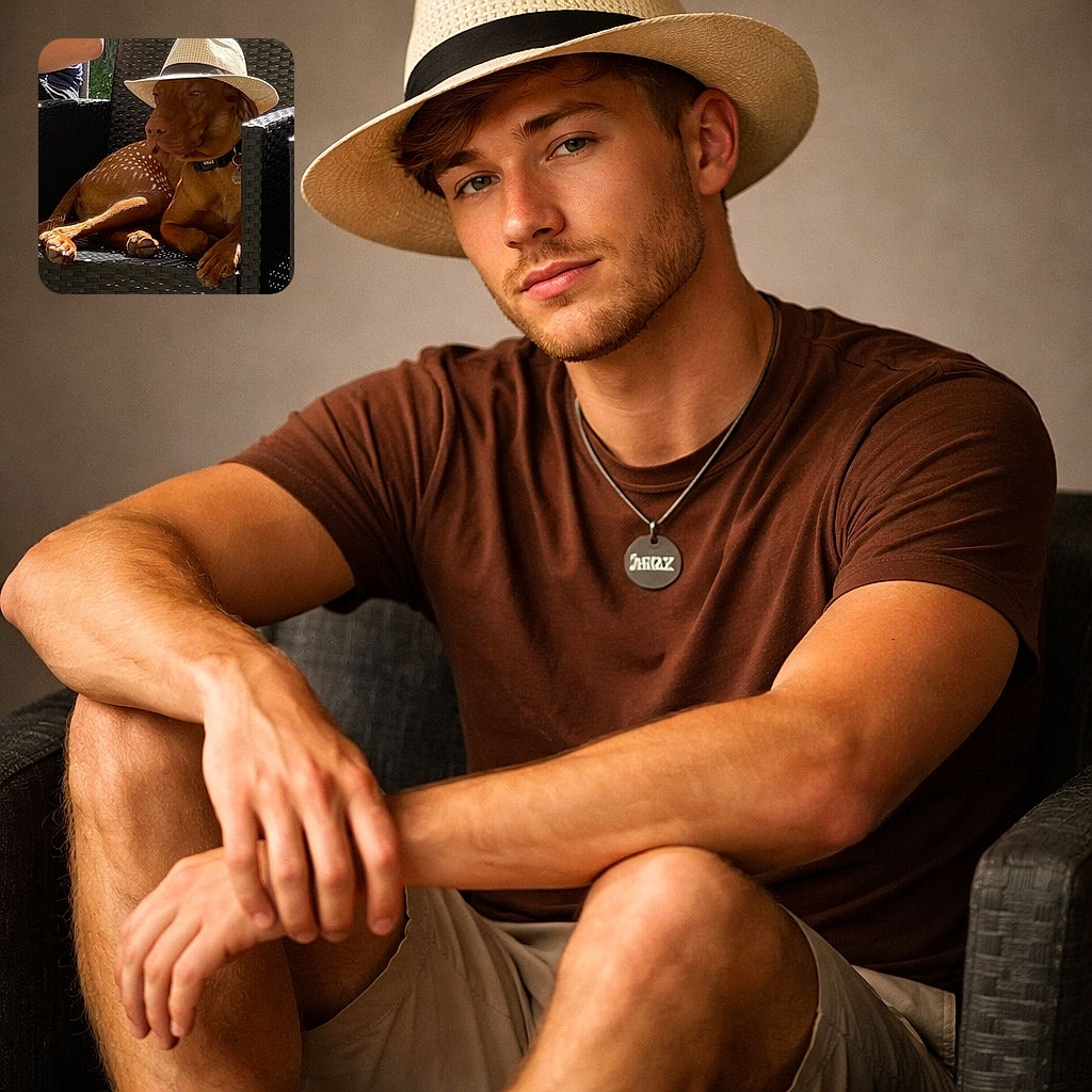 A relaxed dog lounges on a woven chair outdoors, sporting a stylish straw hat that adds a touch of casual elegance. The sunlight filters through, casting playful shadows on the dog's sleek coat, while a human arm rests nearby, hinting at a calm, sunny afternoon.