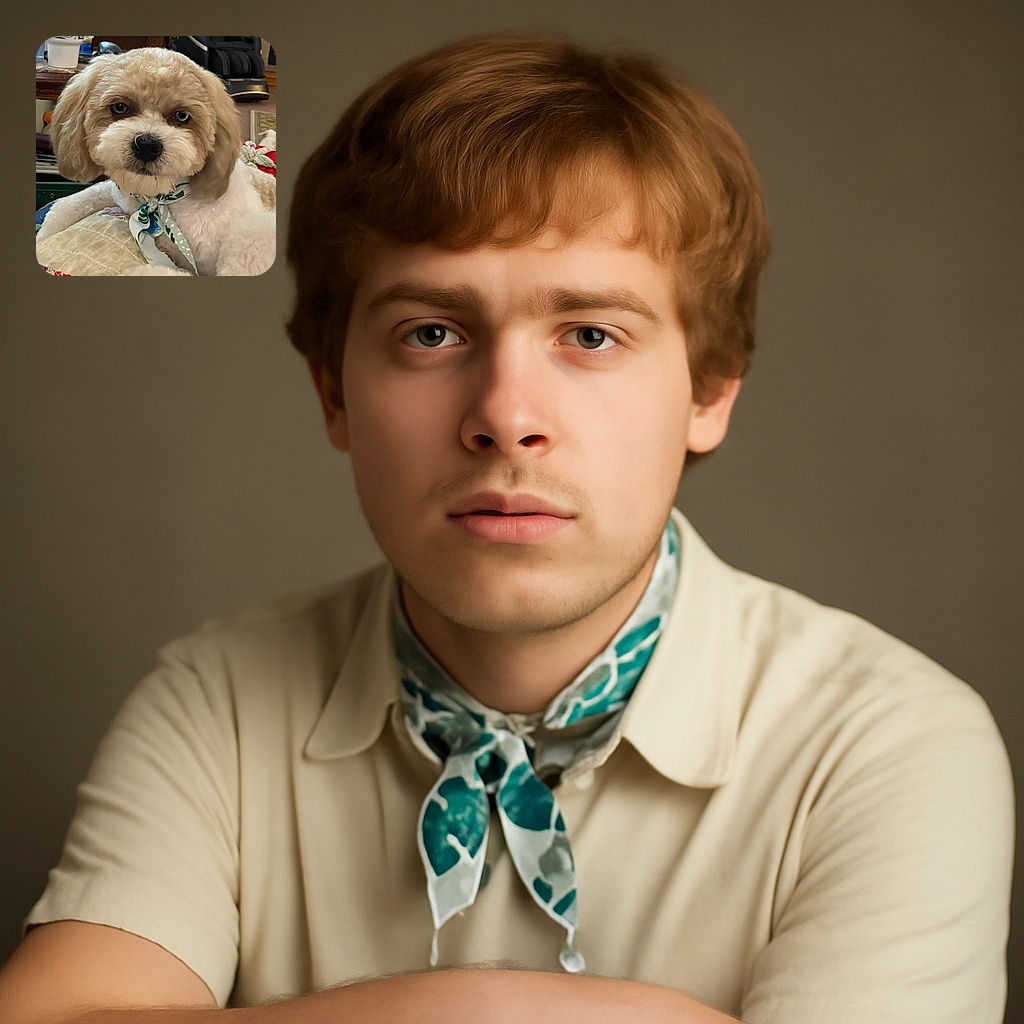 A fluffy, adorable dog with a curly cream and white coat lounges comfortably on a quilted blanket, wearing a stylish green and white bandana. The background shows a cozy indoor setting with furniture and household items slightly out of focus, emphasizing the dog's sweet and calm expression.