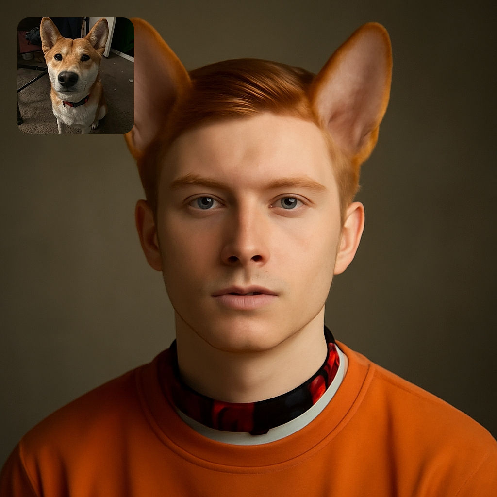 A curious dog with a red collar sits attentively on a carpeted floor indoors, with a slightly blurred background featuring furniture and an open door, giving a cozy home vibe.