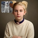 A fluffy white and tan dog with a purple collar sits obediently on a concrete floor in front of a table and fishing rods, looking curiously at the camera with big, soulful eyes.