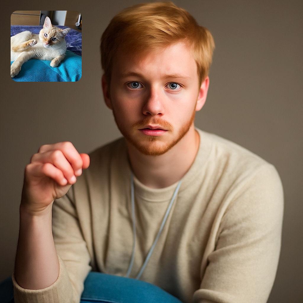 A charming cream and orange cat lounges comfortably on a blue pillow atop a purple bedspread decorated with star and geometric patterns, gazing curiously at the camera with striking blue eyes.