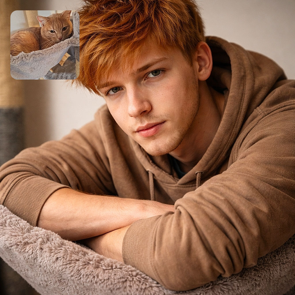 A cozy orange tabby cat is lounging comfortably in a soft, elevated hammock on a multi-level cat tree, looking relaxed and slightly sleepy with a calm expression.