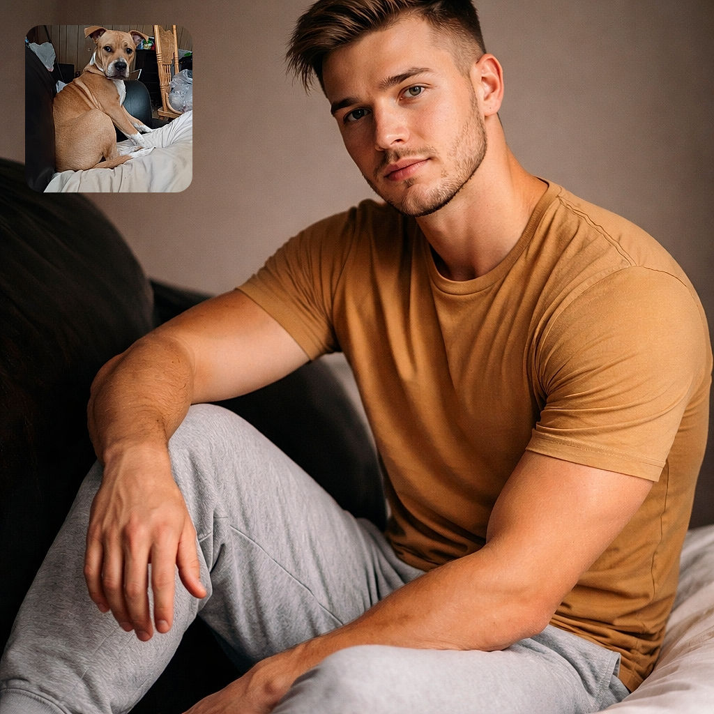A tan and white dog is sitting on a couch looking back with a slightly concerned expression, surrounded by a cozy but cluttered indoor setting featuring wooden panel walls, a wooden chair, and various household items.