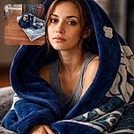 A cozy dog wrapped snugly in a blue blanket, sitting on a soft dog bed in a warm, homey room with wooden floors and a fireplace cabinet in the background. The dog looks calm and contemplative, as if pondering the mysteries of life or waiting for a treat.