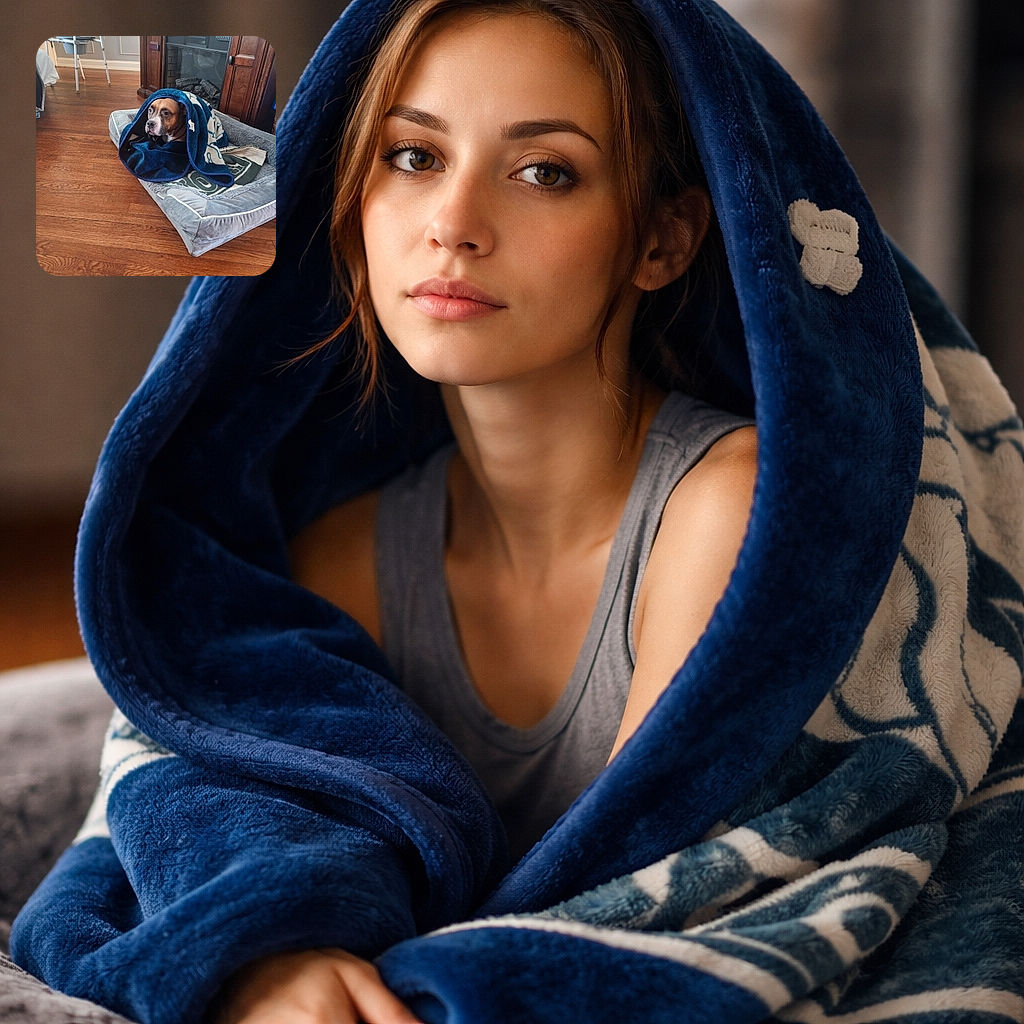 A cozy dog wrapped snugly in a blue blanket, sitting on a soft dog bed in a warm, homey room with wooden floors and a fireplace cabinet in the background. The dog looks calm and contemplative, as if pondering the mysteries of life or waiting for a treat.