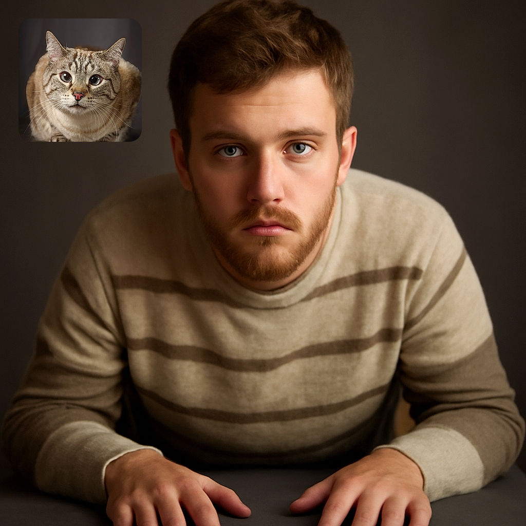 A close-up portrait of a curious cat with wide eyes and detailed fur, sitting alertly against a smooth dark background, capturing the feline's intense gaze and whiskers in sharp focus.