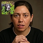 A curious black and white dog peeks through a lush patch of green foliage, with bright amber eyes and a slightly blurry snout as if caught mid-sniff or mid-bark, surrounded by nature's leafy chaos.
