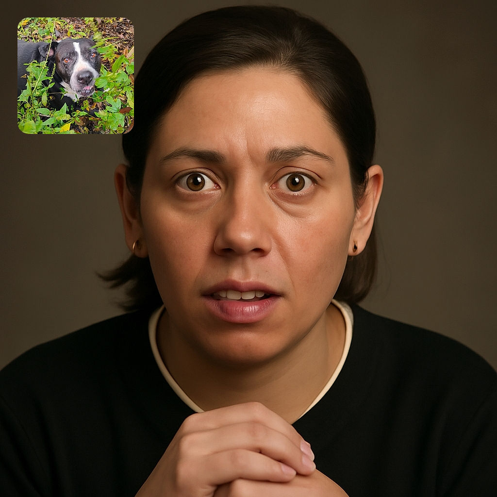 A curious black and white dog peeks through a lush patch of green foliage, with bright amber eyes and a slightly blurry snout as if caught mid-sniff or mid-bark, surrounded by nature's leafy chaos.