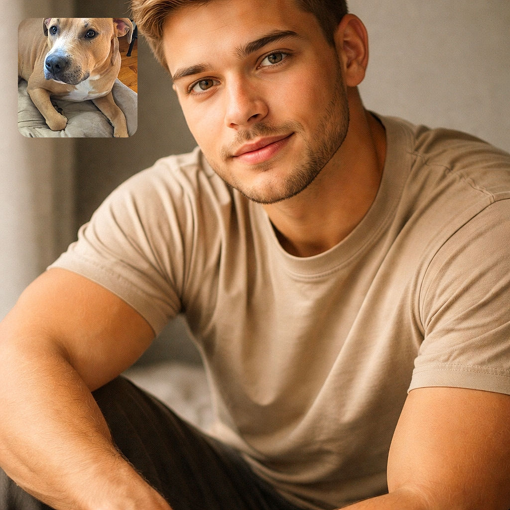 A soulful, slightly guilty-looking dog sprawled on a plush bed, giving the camera a slow-burn stare as if asking for treats or an overdue belly rub. Background shows a cozy living room corner with a wall outlet and diffuser—main character steals the scene.