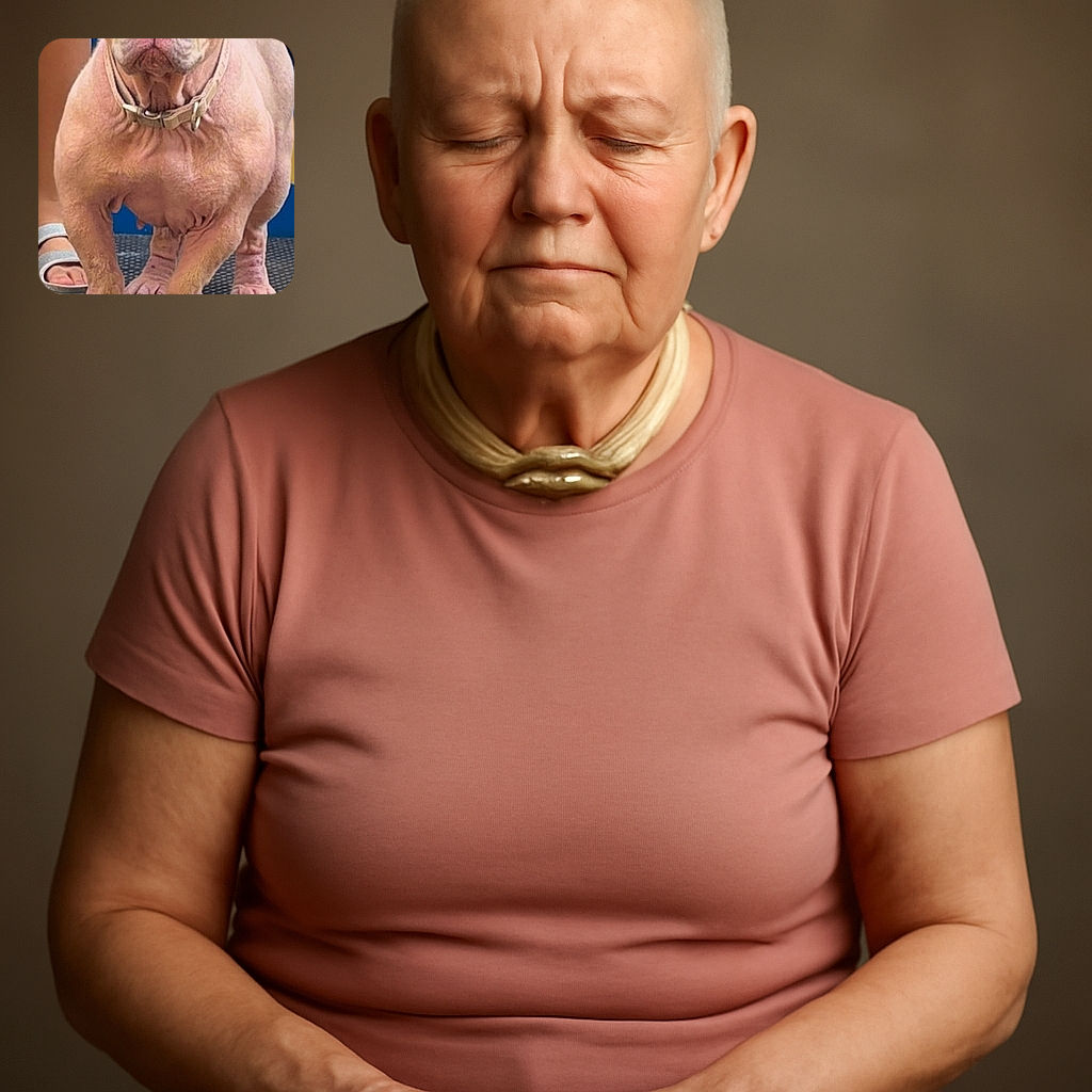 A wrinkly dog with closed eyes and an unusually long set of claws stands on a metal platform next to a person wearing sandals, looking like it's either meditating or deeply unimpressed by the world.