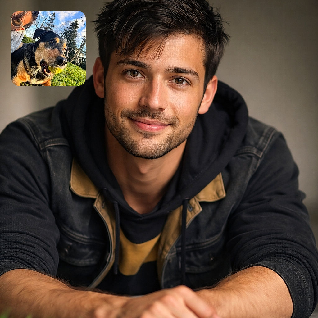 A triumphant tennis-ball hoarder lounges in the grass with a slobbery yellow prize jammed in its mouth while the human selfie-photobombs from the corner wearing sunglasses — trees and a blue sky provide the perfect park backdrop.