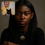 A cheerful young woman with round glasses and blonde hair holds a sleek black cat named Oliver, whose shiny eyes gleam with curiosity. The cozy indoor setting and soft lighting create a warm, friendly vibe perfect for a pet selfie.