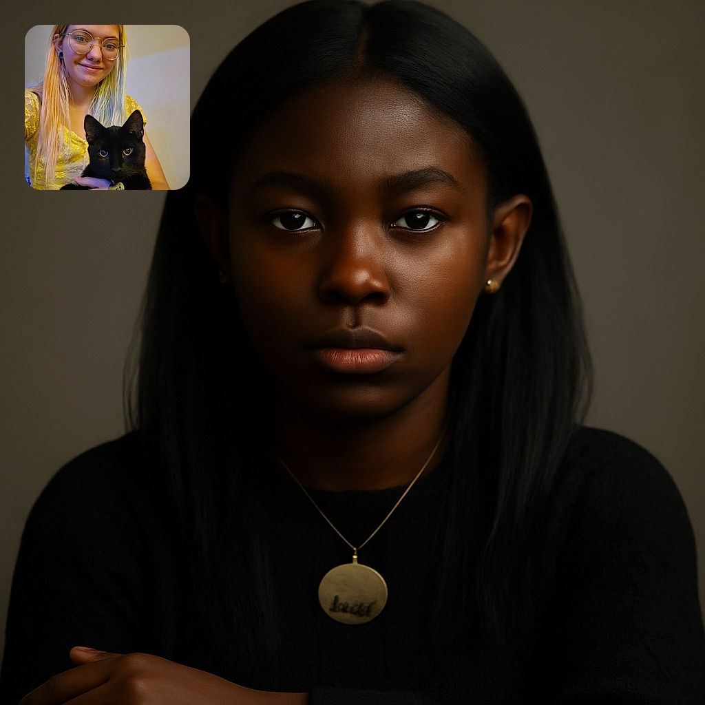 A cheerful young woman with round glasses and blonde hair holds a sleek black cat named Oliver, whose shiny eyes gleam with curiosity. The cozy indoor setting and soft lighting create a warm, friendly vibe perfect for a pet selfie.