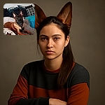 A relaxed Belgian Malinois dog lounges comfortably on a fluffy gray blanket surrounded by patterned pillows and a cozy couch, gazing curiously at the camera with big attentive ears.