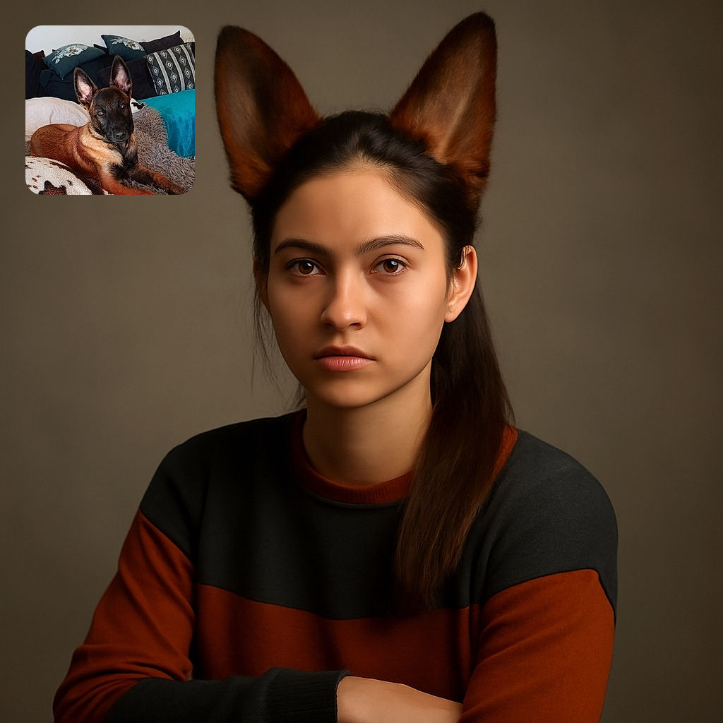 A relaxed Belgian Malinois dog lounges comfortably on a fluffy gray blanket surrounded by patterned pillows and a cozy couch, gazing curiously at the camera with big attentive ears.