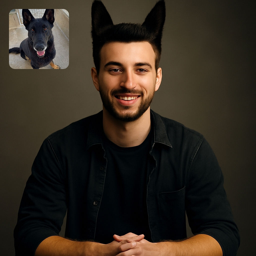 A happy black and tan dog with perky ears sits on a concrete floor inside a fenced area, looking up with a friendly smile and bright eyes, ready for some fun or a treat.