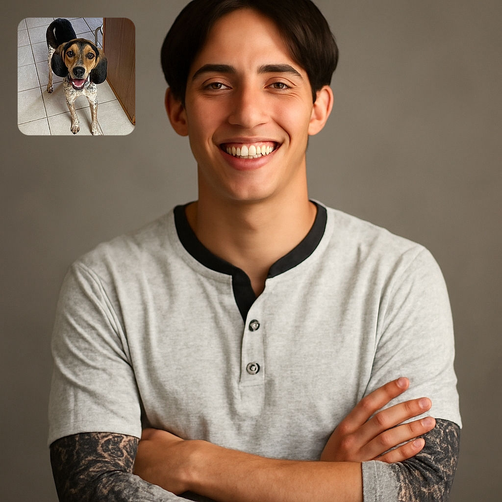 A happy, attentive dog with big floppy ears and a spotted coat stands on a tiled floor looking up with bright, eager eyes and a wide smile, as if ready for a game or a treat.