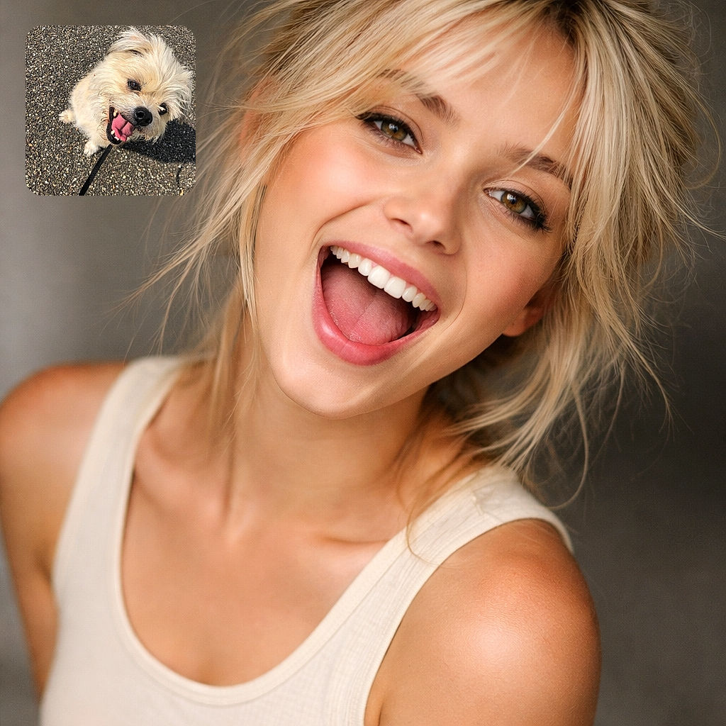 A scruffy white pup leans into the camera with tongue lolling and a goofy grin, leash dangling as it basks in sunny pavement glory — the kind of dog who believes every walk is the best walk ever.