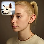 A close-up portrait of a serene white dog with perky ears, gazing off to the side against a softly blurred outdoor background featuring water and sky, capturing a peaceful moment in nature.