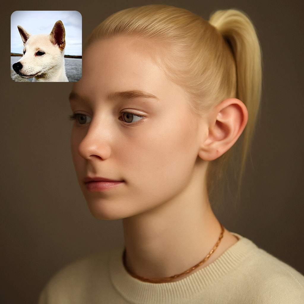 A close-up portrait of a serene white dog with perky ears, gazing off to the side against a softly blurred outdoor background featuring water and sky, capturing a peaceful moment in nature.