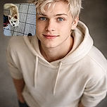 A fluffy cream-colored dog with striking blue eyes looks up curiously from a tiled floor, its tail wagging in mid-motion. The photo captures a candid moment with the photographer's boots visible at the bottom, adding a casual and homey vibe.